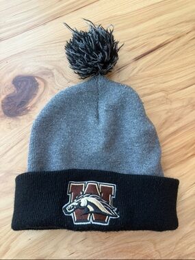 Grey & Black Pom Pom Beanie with Brown 'W' Horse Patch